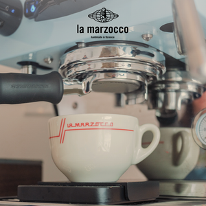 La Marzocco Heritage ceramic coffee cup and saucer set with high-gloss finish and Italian design