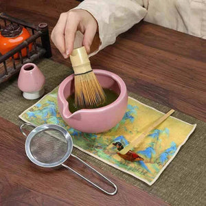 Cup To Machine Matcha tea set with spouted ceramic bowl, bamboo whisk, scoop, sifter, and stand for traditional Maccha preparation