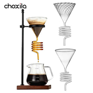 Choxila Snake Tube amber spiral glass coffee dripper with matte black stand and wooden base for slow pour-over brewing