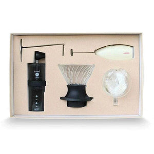 HARIO V60 Smart G coffee starter set with manual grinder, glass dripper, coffee server, and milk frother in elegant gift box