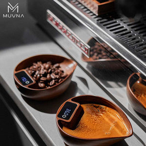 MUVNA electronic coffee bean weighing tray made of natural walnut wood with LED display and silicone base