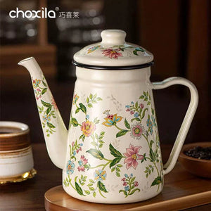 Choxila Floral Enamel Pot 1.2L ivory coffee kettle with multi-colored floral design and black rim
