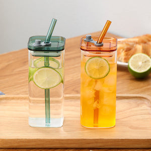 Square iced coffee glass cup with high-value glass straw for iced coffee and lattes