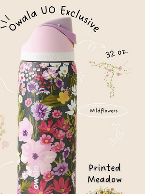 Owala FreeSip UO floral bottle front view with capacity label