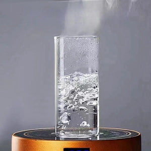 Transparent minimalist square highball borosilicate glass cup with bamboo lid and glass straw for iced coffee and lattes