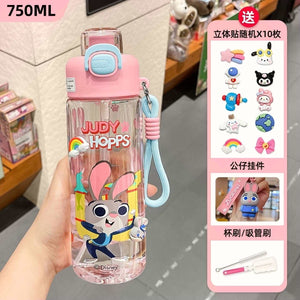 Spray water bottle for kids with cleaning brushes for the straw and cup