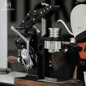 MUVNA Phantom manual lever espresso machine with stainless steel, walnut base, and built-in pressure gauge