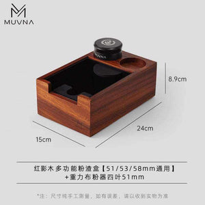 MUVNA Coffee Press Holder with neon cyan and circuit orange accents, ergonomic wooden handle, and stainless steel burrs in a cyberpunk design
