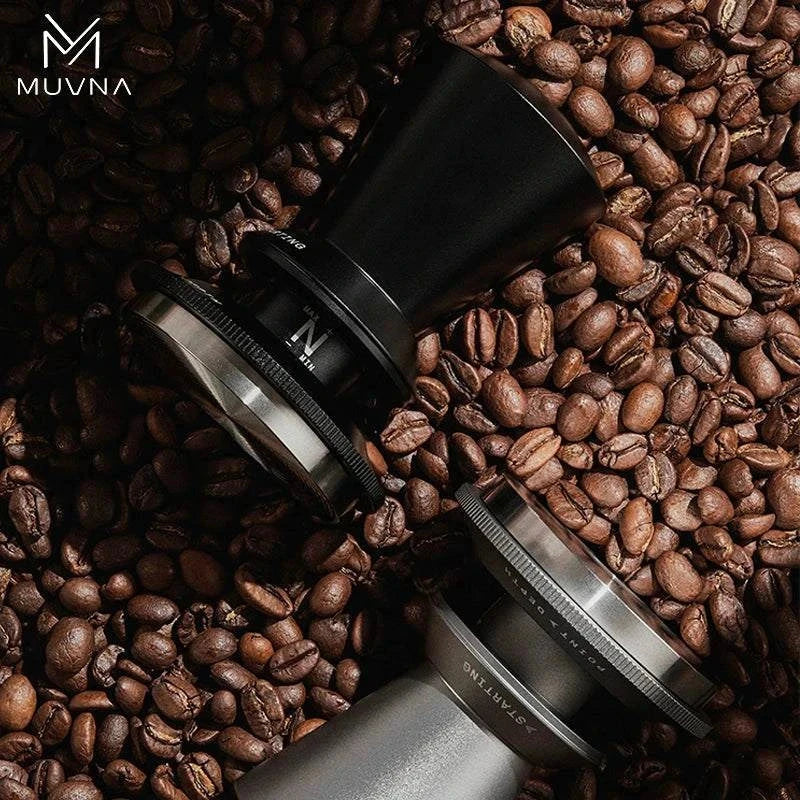 MUVNA Magnetic Dosing Funnel attached to a 58mm portafilter with magnetic wall mount for espresso grinding precision