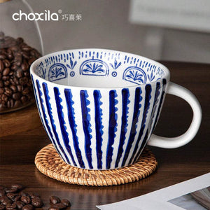 Choxila Hand-Painted Ceramic Coffee Mug with blue and white porcelain design and high-gloss protective glaze