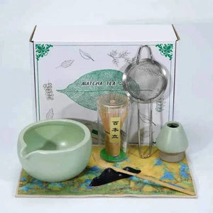 Cup To Machine Matcha tea set with spouted ceramic bowl, bamboo whisk, scoop, sifter, and whisk holder for traditional Maccha preparation