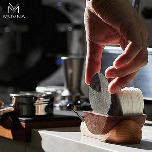 MUVNA Magnetic Tamper Wall Mount holding espresso tamper on matte black anodized aluminum mount