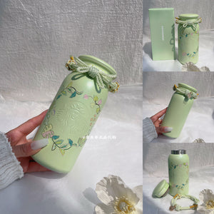 Starbucks Spring Sequence Edition Dragonfly Beaded Insulated Thermal Bottle with intricate dragonfly embroidery and silk-wrapped handle