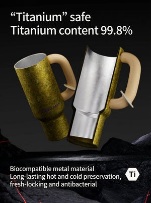 CHaKOLAB titanium tumbler in yellow and silver on dark background