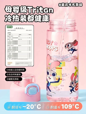 Specifications photo of the kids spray water bottle showing Tritan temperature resistance
