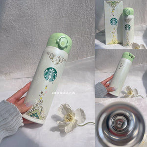 Starbucks Spring Sequence Edition Dragonfly Beaded Insulated Thermal Bottle with intricate dragonfly embroidery and silk-wrapped handle