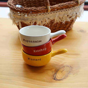 Colorful Saucy Ceramic Mini-Cups with pop-art design for serving sauces and appetizers