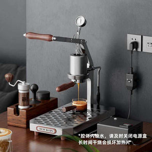 Aleman 2s hand press coffee machine semi-automatic espresso with stainless steel and wooden handles on kitchen counter