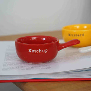 Colorful Saucy Ceramic Mini-Cups with handles for serving sauces and dressings in a vibrant pop-art style