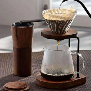 HARIO V60 Walnut Series glass dripper and wood stand pour over coffee maker set with glass carafe and metal frame