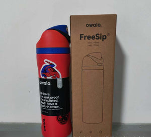 Owala 24oz FreeSip water bottle featuring Marvel superheroes Captain America and Iron Man designs