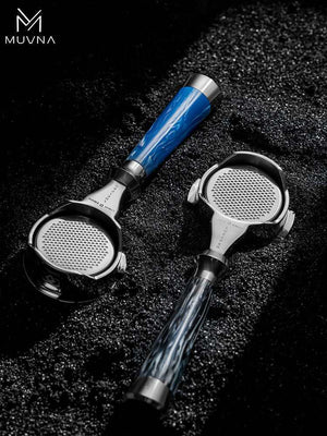 MUVNA Lucifer 58mm Bottomless Portafilter with premium resin and wood grain handle for precise espresso extraction