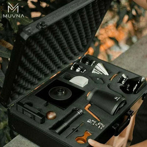 MUVNA Plan-A 13-piece professional pour-over coffee set in impact-resistant flight case with wood-accented kettle and manual grinder