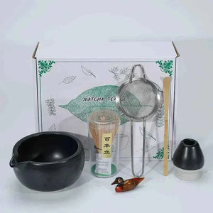 Cup To Machine Maccha tea set with spouted ceramic bowl, bamboo whisk, scoop, whisk holder, and stainless steel sifter