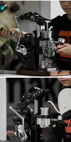MUVNA Phantom manual espresso machine with gear-driven lever and walnut wood base in industrial steampunk design