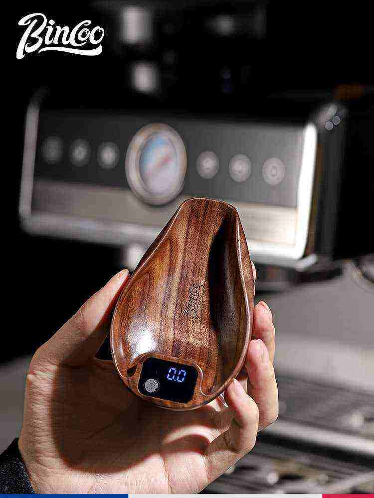 Electronic drop-shaped coffee scale, luxury wooden design, Bincoo brand.