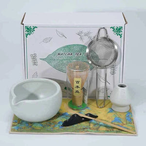 Cup To Machine Maccha tea set with spouted ceramic bowl, bamboo whisk, scoop, and sifter