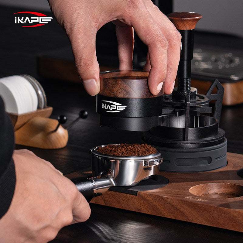 IKAPE 3-Piece Espresso Tamper and Distributor Tool Set with walnut wood handles and anodized aluminum components