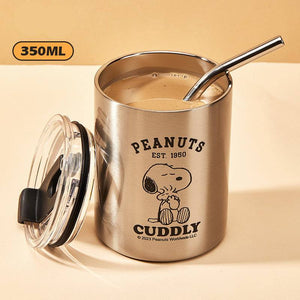 Snoopy Series insulated stainless steel tumbler with metal straw and splash-proof lid
