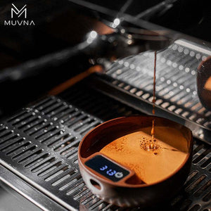 MUVNA Electronic Coffee Bean Weighing Tray made of natural walnut wood with LED display and silicone base for precise coffee measurement