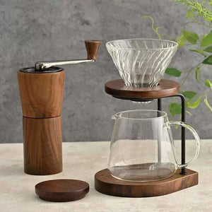 HARIO V60 Walnut Series glass dripper and wood stand pour over coffee maker set with glass carafe and metal frame