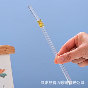 Transparent colored bear glass reusable drinking straws with gummy bear charms