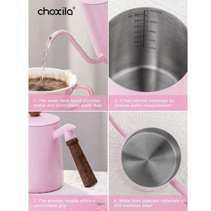 Choxila Gooseneck Pour-Over Kettle with soft rose matte finish and dark walnut handle for precision coffee brewing