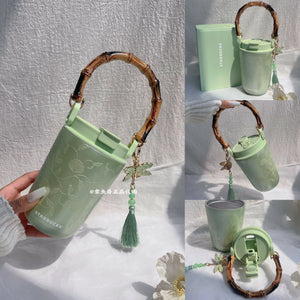 Starbucks Spring Sequence Edition Dragonfly Beaded Insulated Thermal Bottle with intricate dragonfly embroidery and silk-wrapped handle