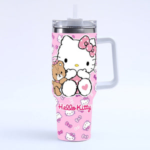 Sanrio Hello Kitty stainless steel tumbler with splash-resistant straw lid and double-wall insulation for iced coffee