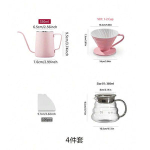 Elegant pink pour-over coffee set with kettle, ceramic dripper, glass server, grinder, scale, filters, tasting cup, bean bowl, water mister, and floral carrying bag