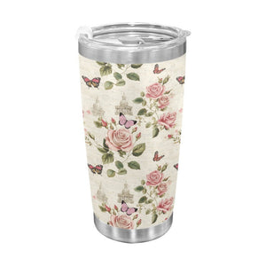 Vintage floral stainless steel tumbler cup with 20oz capacity and spill-resistant lid for Amazon hot sale