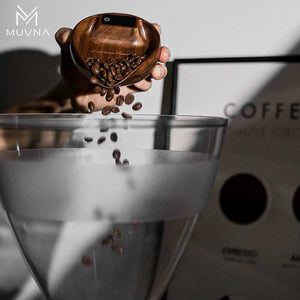 MUVNA Electronic Coffee Bean Weighing Tray made of natural walnut wood with LED display and USB-C charging