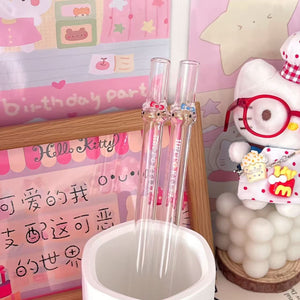 Hello Kitty glass straw with 3D character design for iced coffee cups