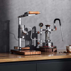 Aleman 2s hand press coffee machine stainless steel with wooden base and handles for semi-automatic espresso making