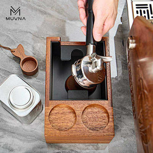 MUVNA Coffee Press Holder with neon cyan and circuit orange accents and ergonomic wooden handle
