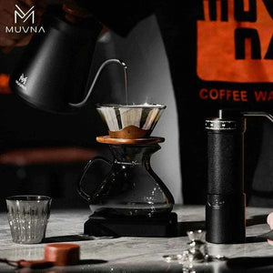 MUVNA Plan-A 13-piece professional pour-over coffee set in impact-resistant flight case with electric kettle, grinder, scale, and glass dripper