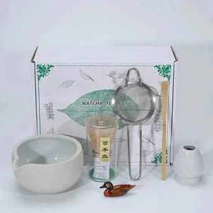 Cup To Machine Matcha tea set with spouted ceramic bowl, bamboo whisk, scoop, sifter, and ceramic whisk holder