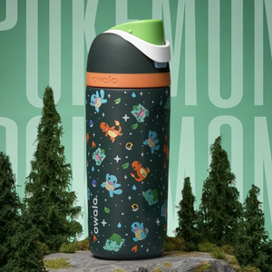 Owala Charizard water bottle in black with orange band, front view