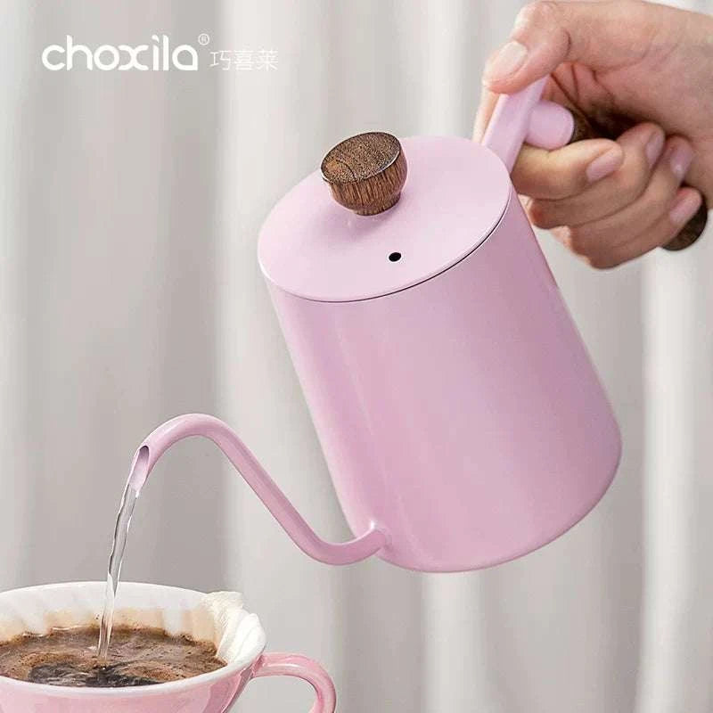 Choxila Gooseneck Pour-Over Kettle in soft rose with dark walnut handle and precision spout for coffee brewing