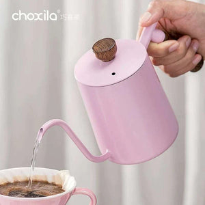 Choxila Gooseneck Pour-Over Kettle in soft rose with dark walnut handle and precision spout for coffee brewing